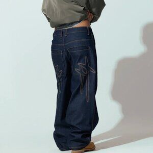 LOITER Logo Star Born Jeans Wide Leg Baggy Y2K Jeans Raw Indigo Blue Size 36